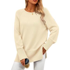 imagePRETTYGARDEN Womens Knit Fall Sweaters Long Sleeve Pullover Crewneck Split Hem Oversized Tunic Sweater Tops Winter ClothingBeige