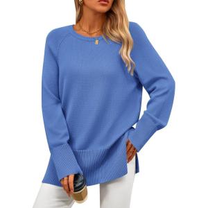 imagePRETTYGARDEN Womens Knit Fall Sweaters Long Sleeve Pullover Crewneck Split Hem Oversized Tunic Sweater Tops Winter ClothingBlue