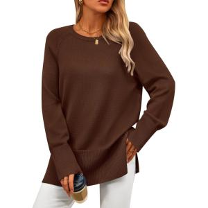 imagePRETTYGARDEN Womens Knit Fall Sweaters Long Sleeve Pullover Crewneck Split Hem Oversized Tunic Sweater Tops Winter ClothingCoffee
