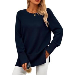 imagePRETTYGARDEN Womens Knit Fall Sweaters Long Sleeve Pullover Crewneck Split Hem Oversized Tunic Sweater Tops Winter ClothingNavy