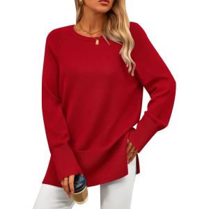 imagePRETTYGARDEN Womens Knit Fall Sweaters Long Sleeve Pullover Crewneck Split Hem Oversized Tunic Sweater Tops Winter ClothingRed