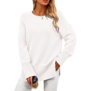 imagePRETTYGARDEN Womens Knit Fall Sweaters Long Sleeve Pullover Crewneck Split Hem Oversized Tunic Sweater Tops Winter ClothingWhite