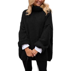 imagePRETTYGARDEN Womens Knit Oversized Sweater Fall Fashion Casual Long Sleeve Turtleneck Chunky Pullover Tops Winter ClothingBlack