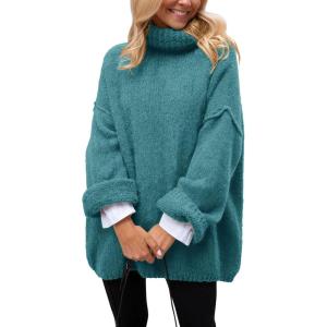 imagePRETTYGARDEN Womens Knit Oversized Sweater Fall Fashion Casual Long Sleeve Turtleneck Chunky Pullover Tops Winter ClothingBlue Green