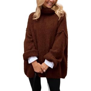 imagePRETTYGARDEN Womens Knit Oversized Sweater Fall Fashion Casual Long Sleeve Turtleneck Chunky Pullover Tops Winter ClothingDark Coffee