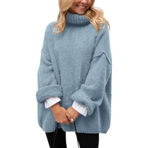 imagePRETTYGARDEN Womens Knit Oversized Sweater Fall Fashion Casual Long Sleeve Turtleneck Chunky Pullover Tops Winter ClothingLight Blue