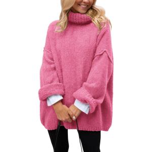 imagePRETTYGARDEN Womens Knit Oversized Sweater Fall Fashion Casual Long Sleeve Turtleneck Chunky Pullover Tops Winter ClothingPink