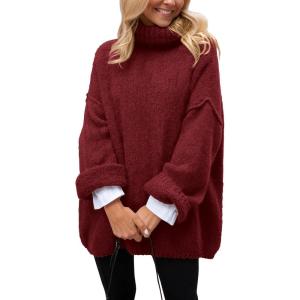 imagePRETTYGARDEN Womens Knit Oversized Sweater Fall Fashion Casual Long Sleeve Turtleneck Chunky Pullover Tops Winter ClothingWine Red
