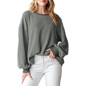 imagePRETTYGARDEN Womens Long Sleeve Tops 2025 Fall Fashion Shirts Trendy Clothes Casual Loose Crewneck Ribbed Knit Tunic BlouseGrey