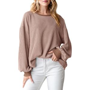 imagePRETTYGARDEN Womens Long Sleeve Tops 2025 Fall Fashion Shirts Trendy Clothes Casual Loose Crewneck Ribbed Knit Tunic BlouseLight Brown