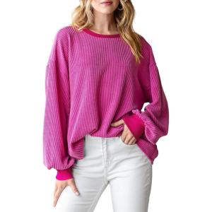 imagePRETTYGARDEN Womens Long Sleeve Tops 2025 Fall Fashion Shirts Trendy Clothes Casual Loose Crewneck Ribbed Knit Tunic BlouseRose Red