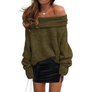 imagePRETTYGARDEN Womens Off The Shoulder Sweater Long Sleeve Tops 2025 Fall Loose Knit Pullover Sweaters Winter ClothesArmy Green