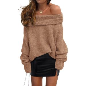 imagePRETTYGARDEN Womens Off The Shoulder Sweater Long Sleeve Tops 2025 Fall Loose Knit Pullover Sweaters Winter ClothesCamel
