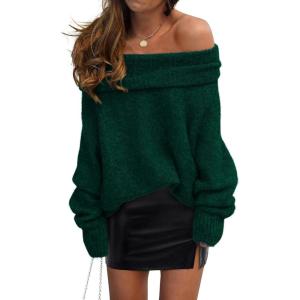 imagePRETTYGARDEN Womens Off The Shoulder Sweater Long Sleeve Tops 2025 Fall Loose Knit Pullover Sweaters Winter ClothesDark Green