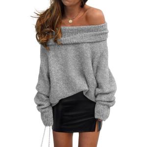 imagePRETTYGARDEN Womens Off The Shoulder Sweater Long Sleeve Tops 2025 Fall Loose Knit Pullover Sweaters Winter ClothesGrey