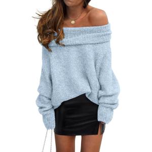 imagePRETTYGARDEN Womens Off The Shoulder Sweater Long Sleeve Tops 2025 Fall Loose Knit Pullover Sweaters Winter ClothesLight Blue