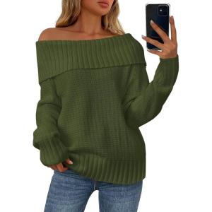 imagePRETTYGARDEN Womens Off The Shoulder Sweater Long Sleeve Tops Loose Knit Pullover Sweaters Fashion Fall Clothes 2025Green
