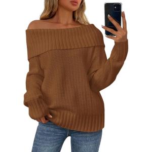 imagePRETTYGARDEN Womens Off The Shoulder Sweater Long Sleeve Tops Loose Knit Pullover Sweaters Fashion Fall Clothes 2025Khaki