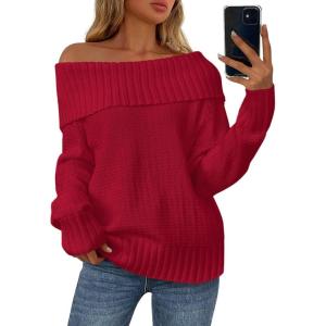 imagePRETTYGARDEN Womens Off The Shoulder Sweater Long Sleeve Tops Loose Knit Pullover Sweaters Fashion Fall Clothes 2025Red