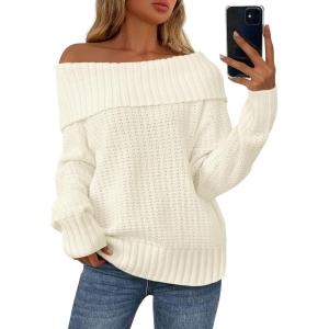 imagePRETTYGARDEN Womens Off The Shoulder Sweater Long Sleeve Tops Loose Knit Pullover Sweaters Fashion Fall Clothes 2025White