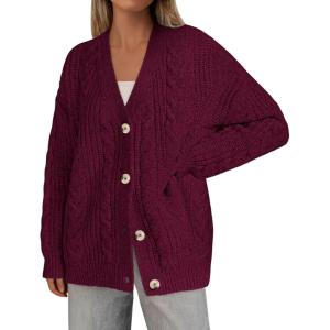 imagePRETTYGARDEN Womens Oversized Cable Knit Cardigan 2025 Fall Fashion Long Sleeve Open Front Chunky Sweaters Winter CoatsBurgundy