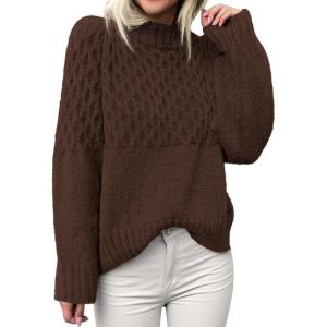 imagePRETTYGARDEN Womens Oversized Cable Knit Sweater 2025 Fall Long Sleeve Crewneck Chunky Pullover Tops Winter ClothesBrown