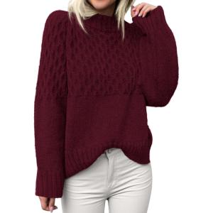 imagePRETTYGARDEN Womens Oversized Cable Knit Sweater 2025 Fall Long Sleeve Crewneck Chunky Pullover Tops Winter ClothesBurgundy