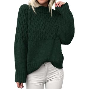 imagePRETTYGARDEN Womens Oversized Cable Knit Sweater 2025 Fall Long Sleeve Crewneck Chunky Pullover Tops Winter ClothesDark Green