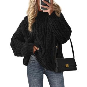imagePRETTYGARDEN Womens Oversized Fall Sweaters 2025 Casual Long Sleeve Crewneck Chunky Cable Knit Pullover Tops Winter ClothesBlack