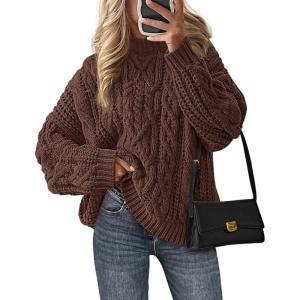 imagePRETTYGARDEN Womens Oversized Fall Sweaters 2025 Casual Long Sleeve Crewneck Chunky Cable Knit Pullover Tops Winter ClothesCoffee