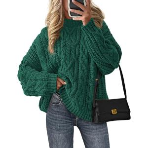 imagePRETTYGARDEN Womens Oversized Fall Sweaters 2025 Casual Long Sleeve Crewneck Chunky Cable Knit Pullover Tops Winter ClothesGreen