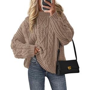 imagePRETTYGARDEN Womens Oversized Fall Sweaters 2025 Casual Long Sleeve Crewneck Chunky Cable Knit Pullover Tops Winter ClothesLight Khaki