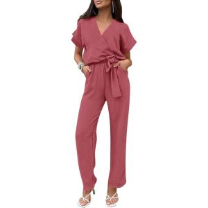 imagePRETTYGARDEN Womens Summer One Piece Jumpsuits Belted Short Sleeve Wrap V Neck Fashion Dressy Casual Wide Leg Pants RomperDark Pink