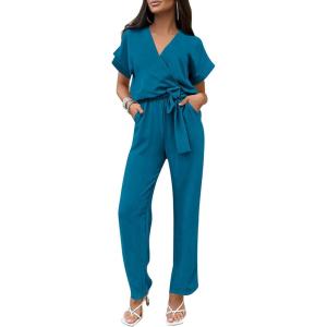 imagePRETTYGARDEN Womens Summer One Piece Jumpsuits Belted Short Sleeve Wrap V Neck Fashion Dressy Casual Wide Leg Pants RomperLake Blue