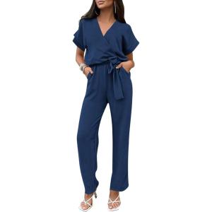 imagePRETTYGARDEN Womens Summer One Piece Jumpsuits Belted Short Sleeve Wrap V Neck Fashion Dressy Casual Wide Leg Pants RomperNavy