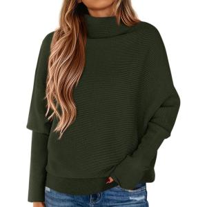 imagePRETTYGARDEN Womens Sweaters Fall Fashion 2025 Casual Loose Turtleneck Batwing Long Sleeve Knit Sweater Pullover TopsArmy Green