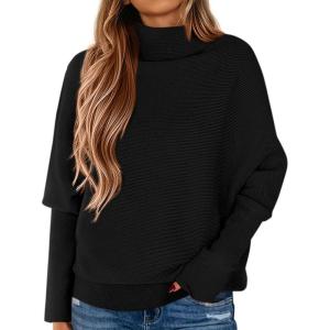 imagePRETTYGARDEN Womens Sweaters Fall Fashion 2025 Casual Loose Turtleneck Batwing Long Sleeve Knit Sweater Pullover TopsBlack