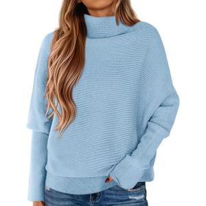 imagePRETTYGARDEN Womens Sweaters Fall Fashion 2025 Casual Loose Turtleneck Batwing Long Sleeve Knit Sweater Pullover TopsBlue