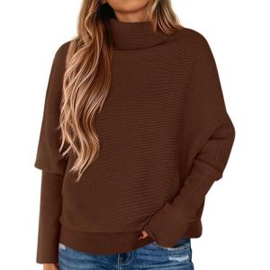 imagePRETTYGARDEN Womens Sweaters Fall Fashion 2025 Casual Loose Turtleneck Batwing Long Sleeve Knit Sweater Pullover TopsBrown