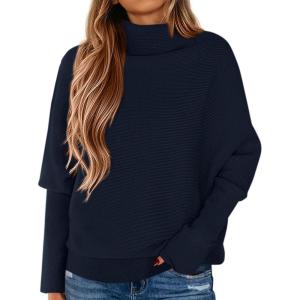 imagePRETTYGARDEN Womens Sweaters Fall Fashion 2025 Casual Loose Turtleneck Batwing Long Sleeve Knit Sweater Pullover TopsNavy