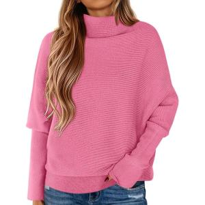 imagePRETTYGARDEN Womens Sweaters Fall Fashion 2025 Casual Loose Turtleneck Batwing Long Sleeve Knit Sweater Pullover TopsPink