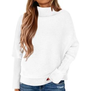 imagePRETTYGARDEN Womens Sweaters Fall Fashion 2025 Casual Loose Turtleneck Batwing Long Sleeve Knit Sweater Pullover TopsWhite