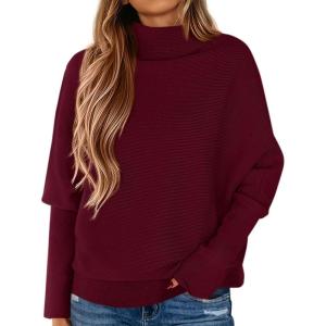 imagePRETTYGARDEN Womens Sweaters Fall Fashion 2025 Casual Loose Turtleneck Batwing Long Sleeve Knit Sweater Pullover TopsWine Red
