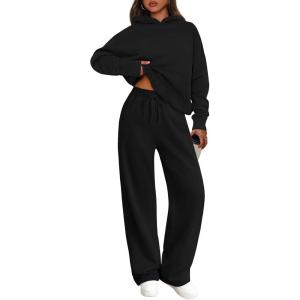 imagePRETTYGARDEN Womens 2 Piece Outfits Fall Sweatsuits Oversized Hoodies Wide Leg Sweatpants Tracksuits Lounge Matching SetsBlack
