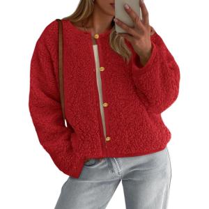imagePRETTYGARDEN Womens 2025 Winter Faux Fur Coats Fuzzy Fleece Cropped Jackets Buttons Warm Casual Trendy Fall Fashion ClothesRed
