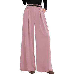 imagePRETTYGARDEN Womens Fall Wide Leg Trousers 2025 High Elastic Waist Loose Pleated Long Flowy Palazzo Work Pants with PocketsPink