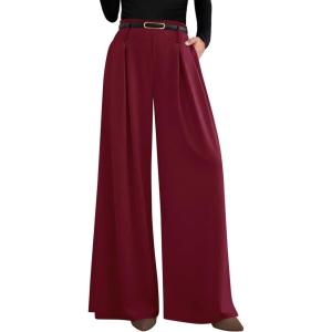 imagePRETTYGARDEN Womens Fall Wide Leg Trousers 2025 High Elastic Waist Loose Pleated Long Flowy Palazzo Work Pants with PocketsWine Red