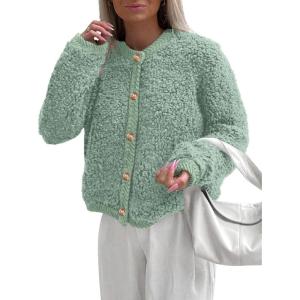 imagePRETTYGARDEN Womens Faux Fur Coat 2025 Fall Fuzzy Fleece Button up Shearling Cropped Jackets Winter Trendy OuterwearBean Green
