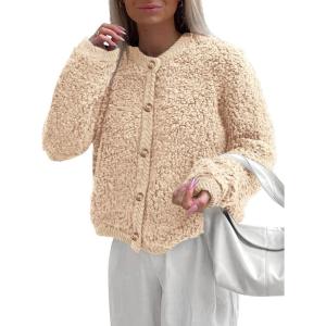 imagePRETTYGARDEN Womens Faux Fur Coat 2025 Fall Fuzzy Fleece Button up Shearling Cropped Jackets Winter Trendy OuterwearBeige