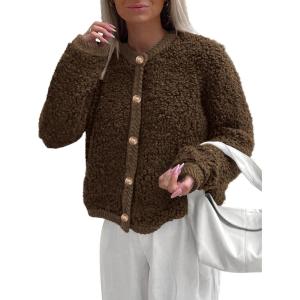 imagePRETTYGARDEN Womens Faux Fur Coat 2025 Fall Fuzzy Fleece Button up Shearling Cropped Jackets Winter Trendy OuterwearCoffee